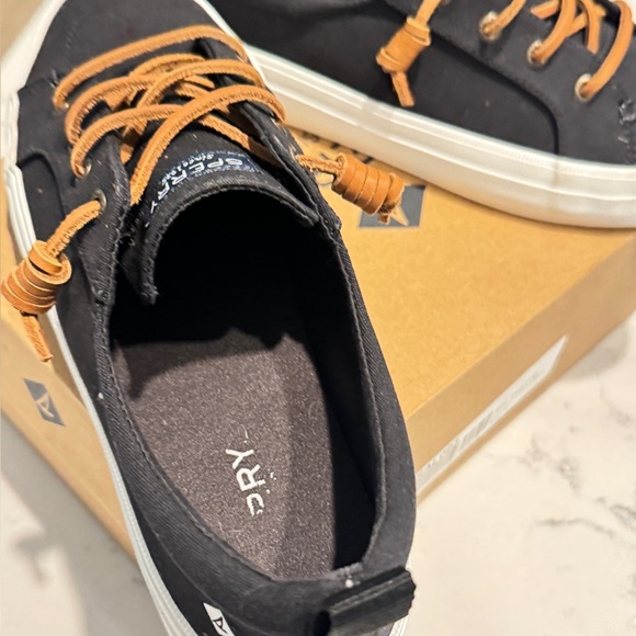 Sperry Crest Vibe Sneakers Black Canvas Shoes Tan Leather Laces Casual Slip-on - Picture 10 of 12